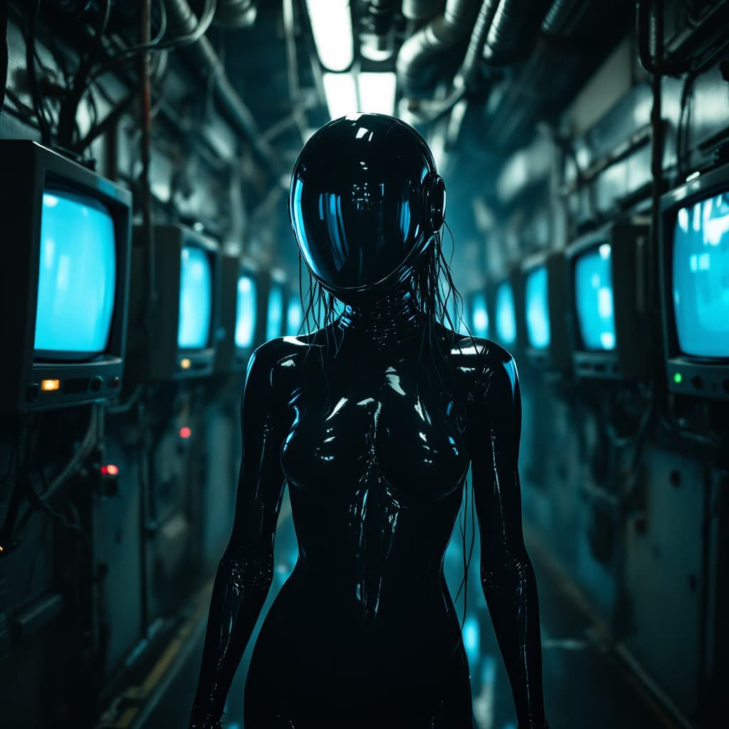 AI generated: Cinematic portrait of a mysterious female figure in a glossy black latex bodysuit with translucent, ...