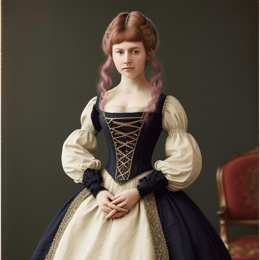 AI generated: a woman with #haircolor hair in a queen anne period dress, in the style of intricate, whimsical deta...