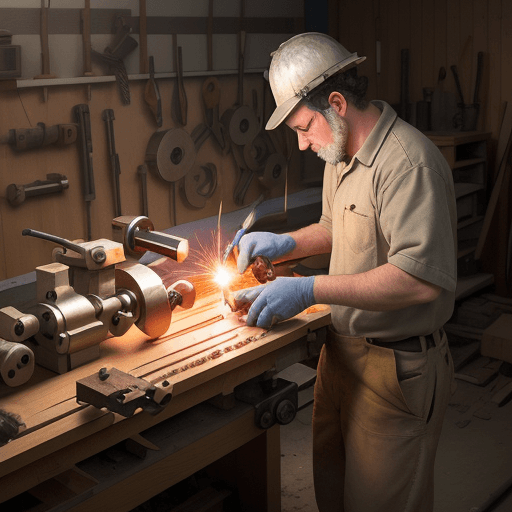 AI generated: a worker sharpens parts on a lathe