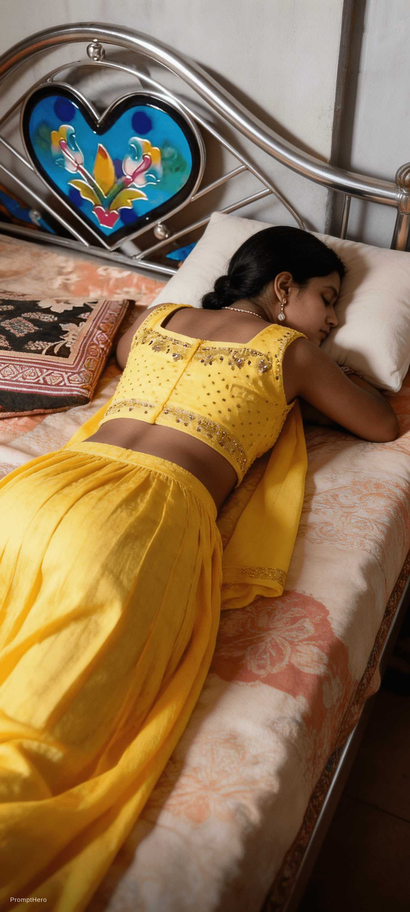 AI generated: Generate the ultra high realistic picture as this Indian girl Ritu is sleeping lying face down on be...