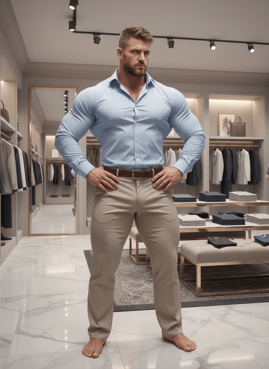 AI generated: At a very luxurious clothing store. His pants are beige, he has a dress baby blue shirt long sleeve....