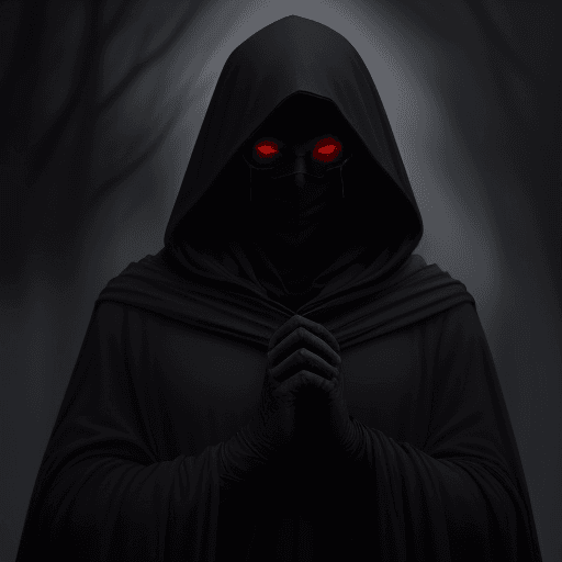 AI generated: A dark, mysterious man in a hooded cloak, with his face obscured in shadow. The cloak features deep,...