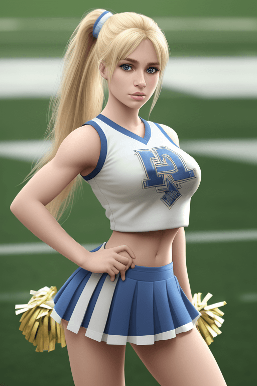 AI generated: Realistic beautiful blonde girl Argentinian wearing ponytail wearing cheerleader outfit standing on ...