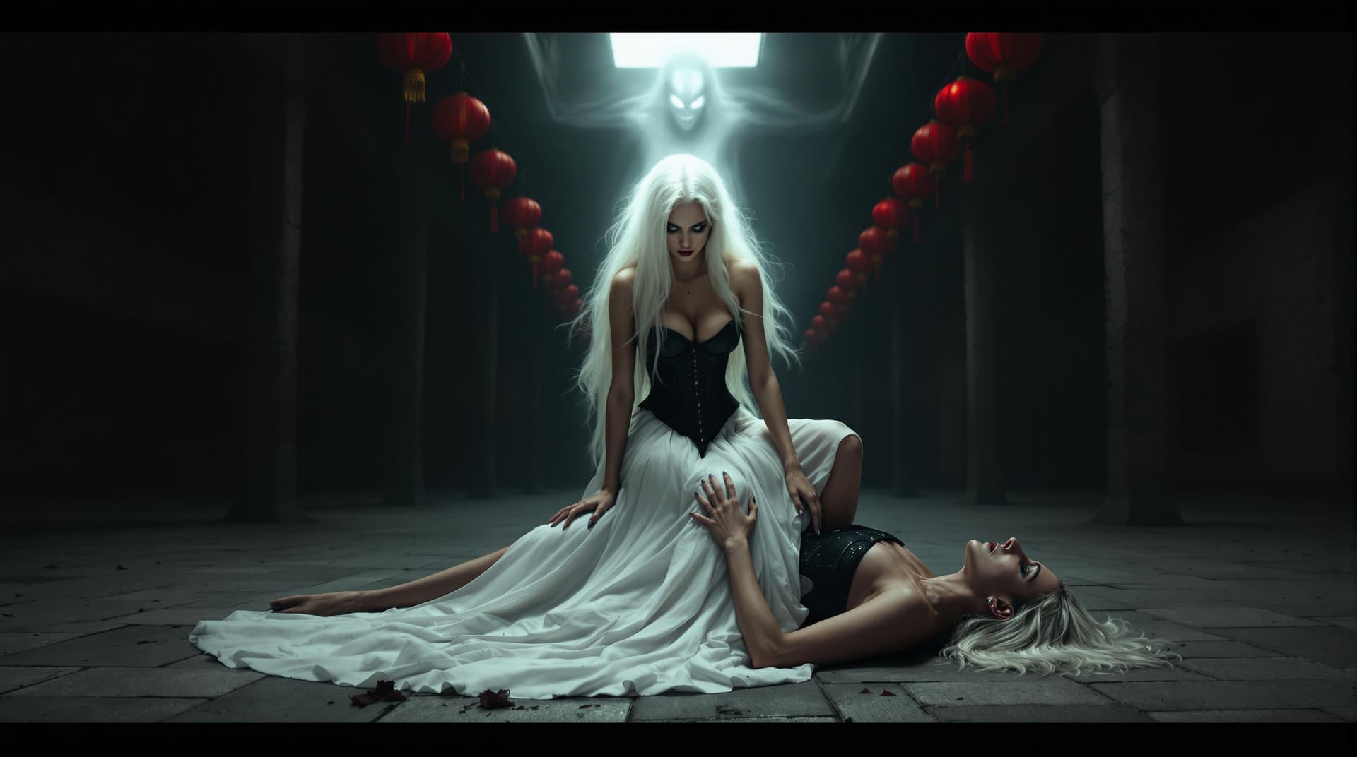 AI generated: A woman straddling a person, with a ghostly demon like figure hovering above them. The woman has lon...