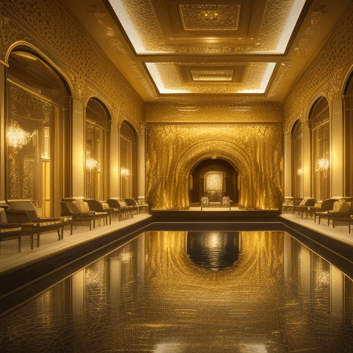 AI generated: High resolution photography Hotel splashed in liquid gold; 8k, intricate detail, photorealistic, rea...