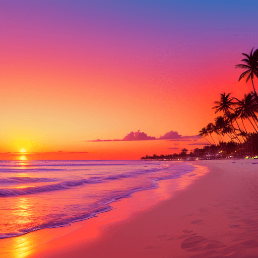 AI generated: A serene tropical beach at sunset, golden sand stretching into the distance, vibrant orange and pink...