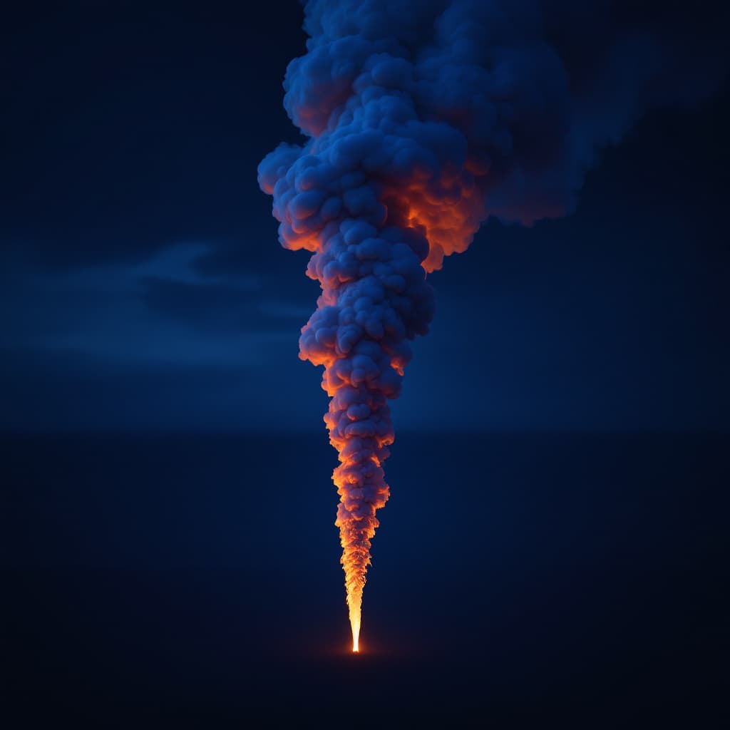AI generated: A thick column of smoke, with the top burning, glows in blue and orange against the dark sky at dusk...