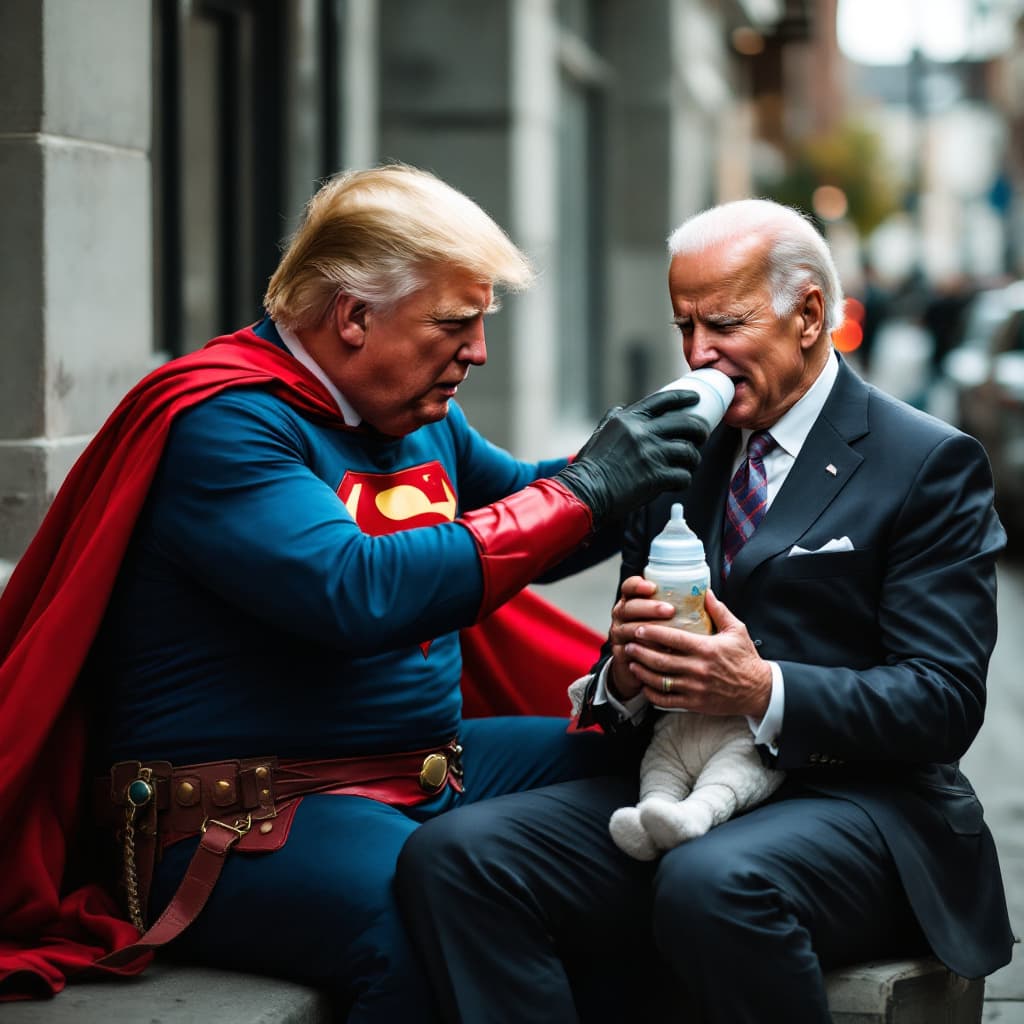 AI generated: président Trump, super Hero, hero costume, sitting on the sidewalk, spanking Joe Biden, Joe Biden ca...