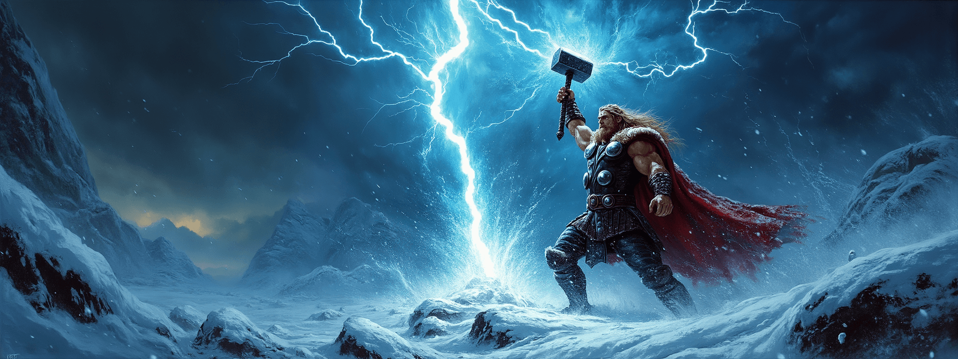 AI generated: Epic dark fantasy oil painting depicting Thor, the Norse god of thunder, in a fierce winter landscap...