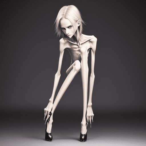AI generated: kneering position of extreme skinny slender anorexic girl very skinny slender girl, with long curved...