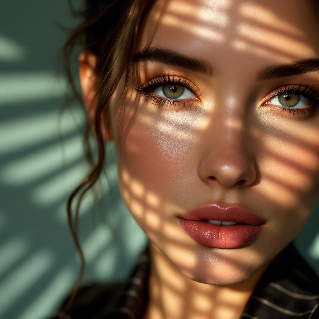 AI generated: Close-up portrait of a woman illuminated by soft, warm afternoon light streaming through window blin...