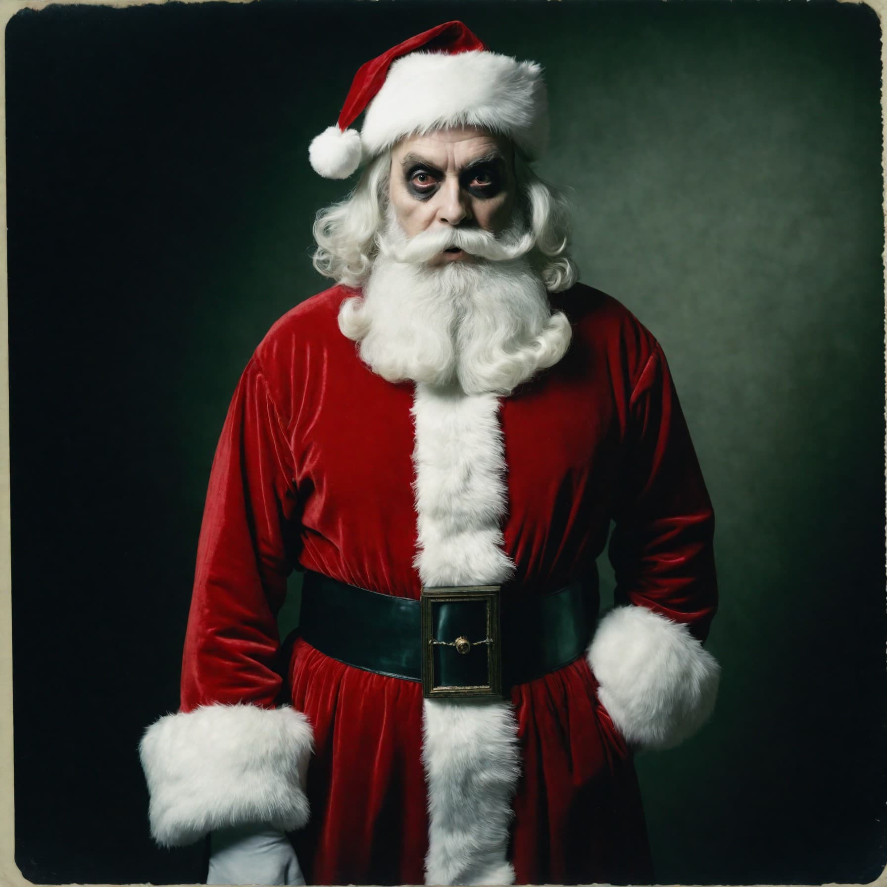 AI generated: A disturbing polaroid picture of a man dressed as a sinister santa, full body shot, skinny, deadpan,...