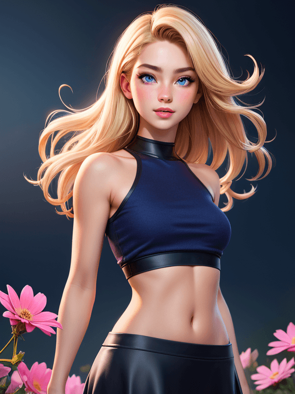 AI generated: realistic, night, 1girl, crop top, blonde hair, blue eyes, glowing eyes,skirt, flowers, parted lips,...