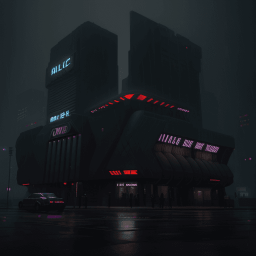 AI generated: In the world of Blade Runner: 2049, an imposing futuristic police station, adorned with sleek archit...
