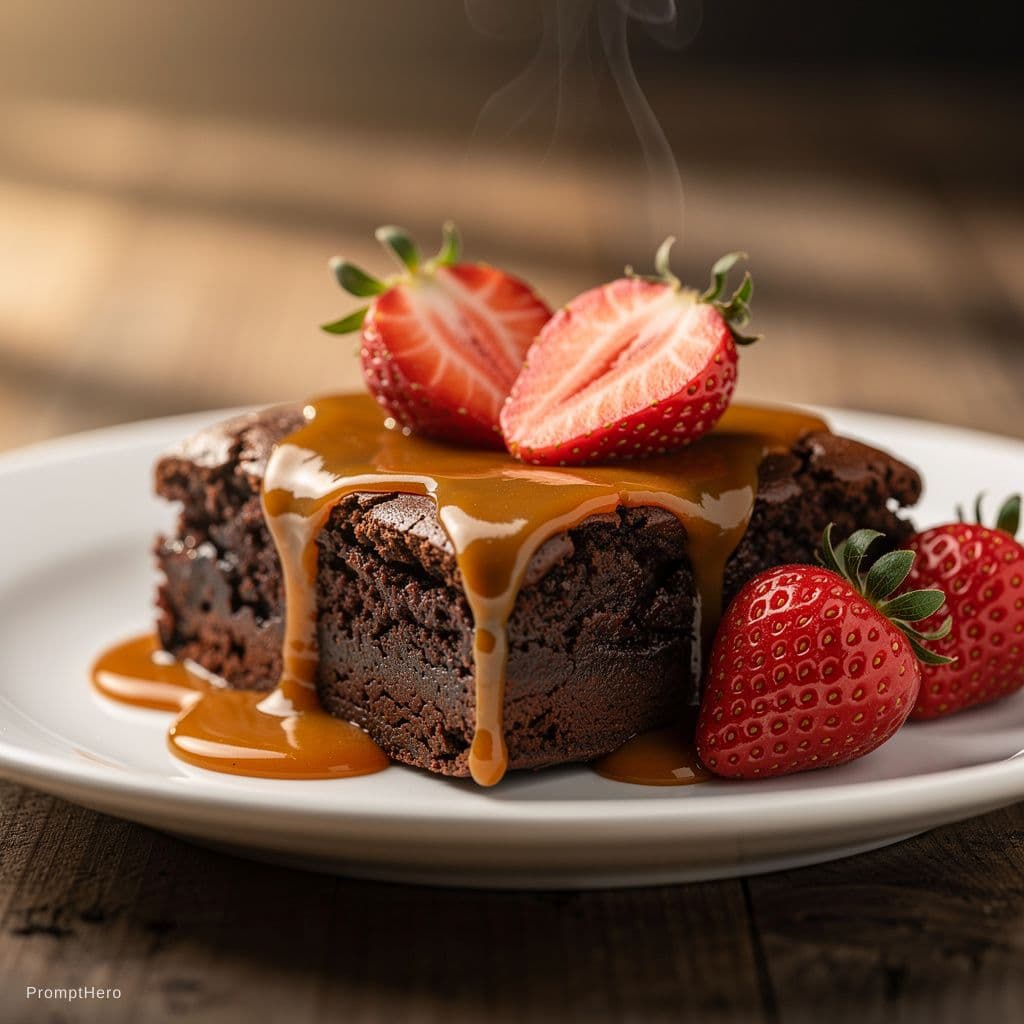 AI generated: Chocolate brownie with caramel sauce, strawberries on top, photography, cinematic shot, professional...