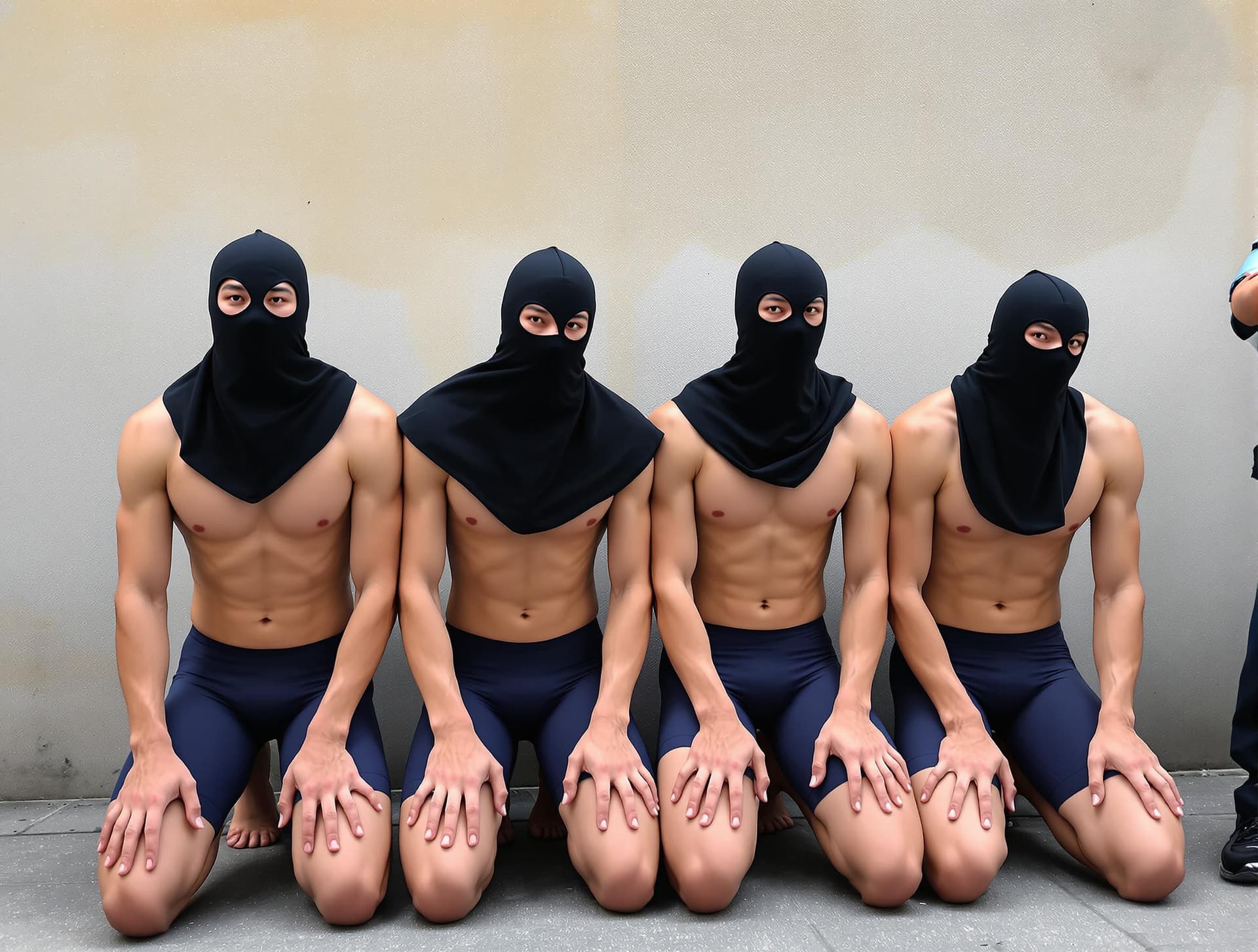 AI generated: Four muscular handsome male Asian Chinese swimmers wearing tight navy racing compression jammers and...