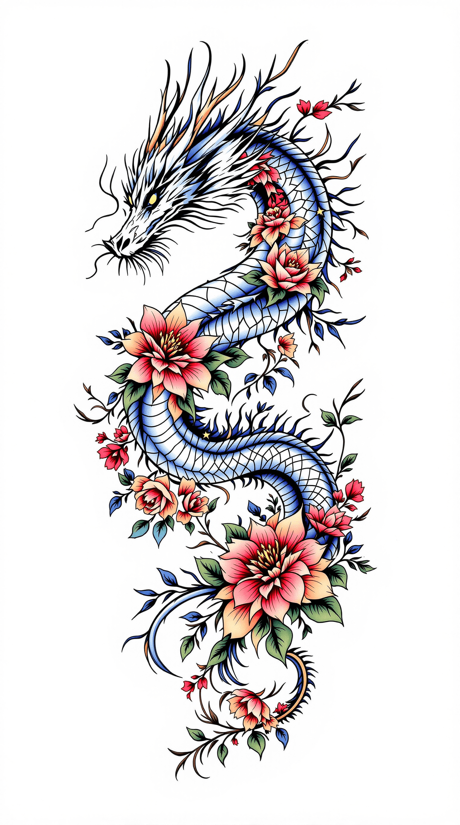 AI generated: doble tatoo template (mirrored) colored dragon with flowers template to place beneath a womans chest...