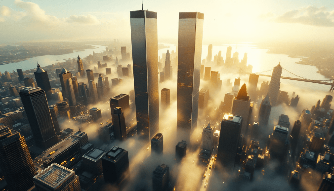 AI generated: A breathtaking, high-speed birds-eye perspective racing through downtown Manhattan at sunrise, just ...