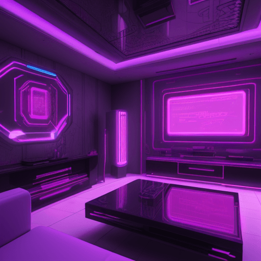 AI generated: a realistic synthwave designed living room with futuristic funiture, intricate, octane render, varom...