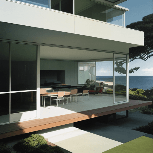 AI generated: Hyper realistic eye level exterior photo of a mid century modern style house overlooking the ocean, ...