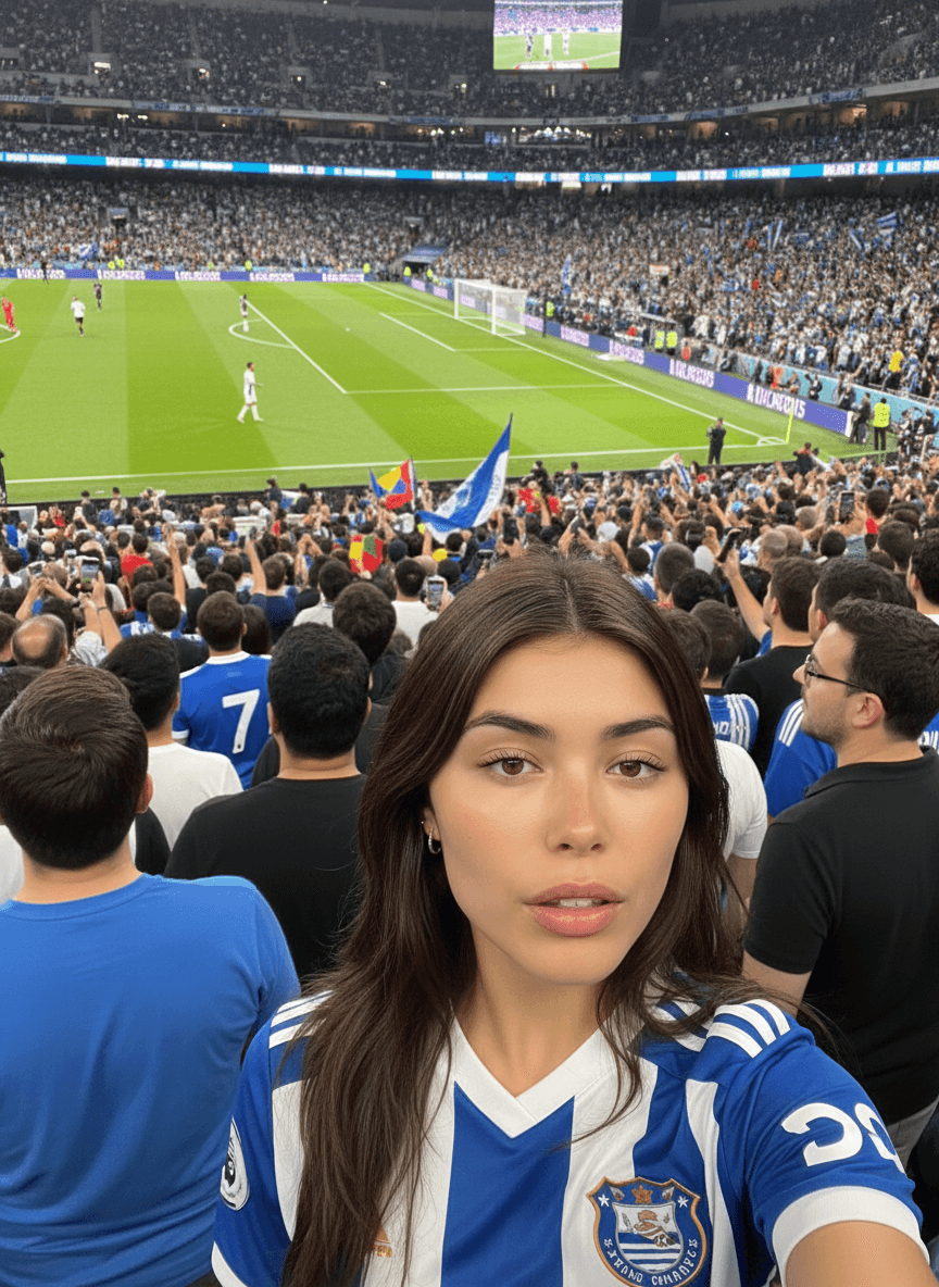 AI generated: change the scenario, put her in the crowd with a football team shirt watching a match