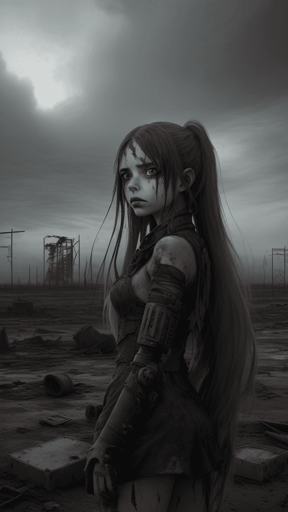 AI generated: A girl with long flowing hair stands alone in the middle of a post-apocalyptic landscape. The desola...