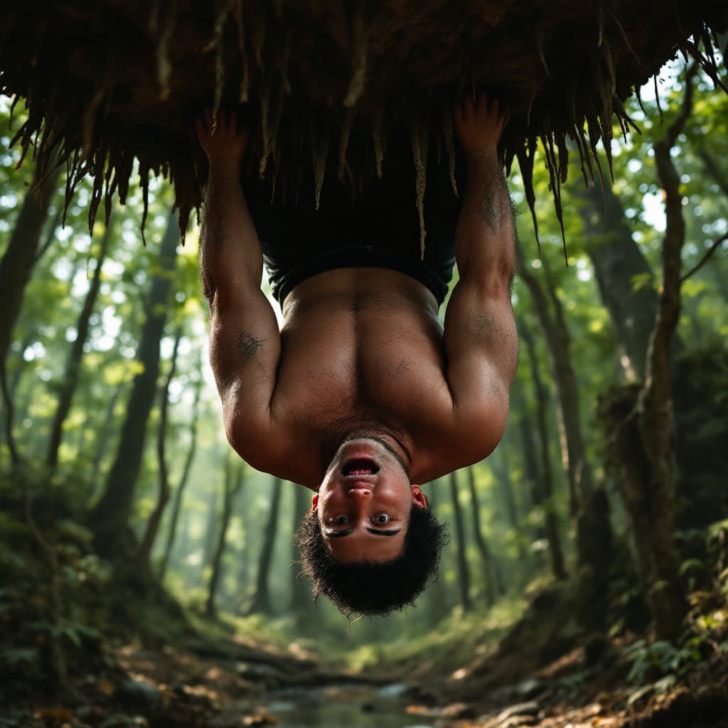 AI generated: medium shot of a super fat guy, zumo fighter in the middle of the woods   upside down hanged from th...
