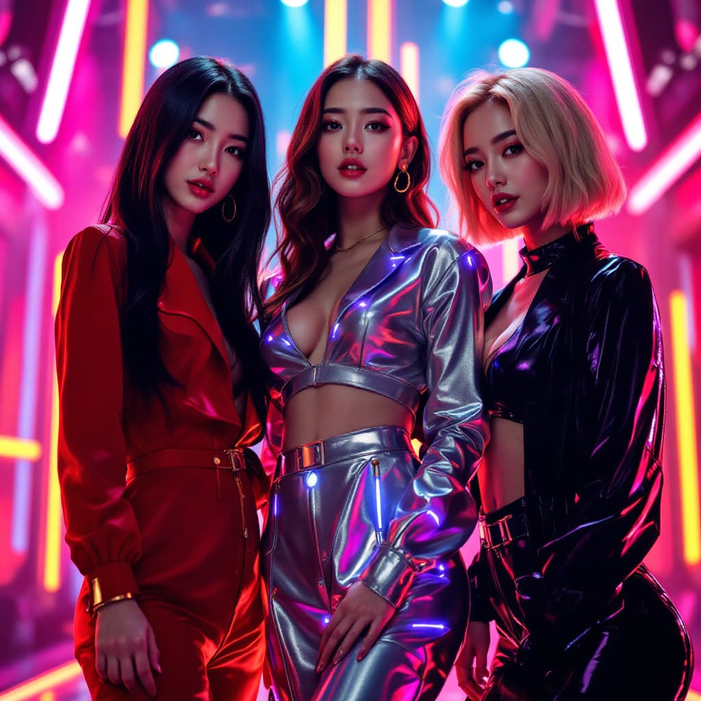 AI generated: A group photo of three stylish K-pop idols performing on a neon-lit stage.  
- Rina: long straight b...