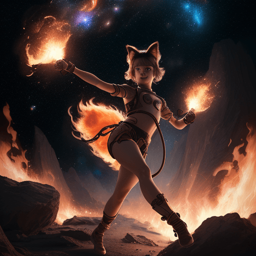 AI generated: cinematic portrait of a young cute female with a monkey's tail, small kitty ears and carre haircut, ...