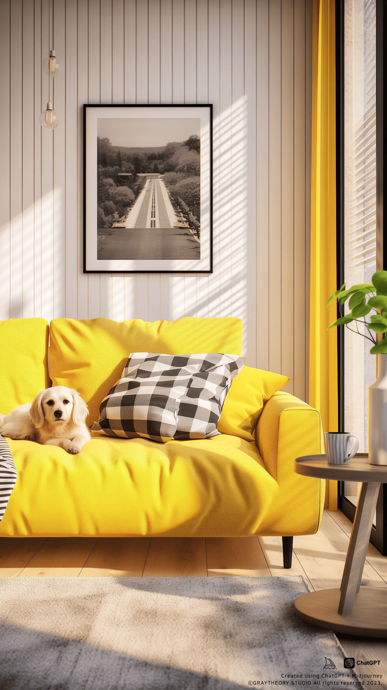 AI generated: small living room, minimalistic, Pinterest style, clean, sleek, 3d rendered, ultra-realistic, yellow...