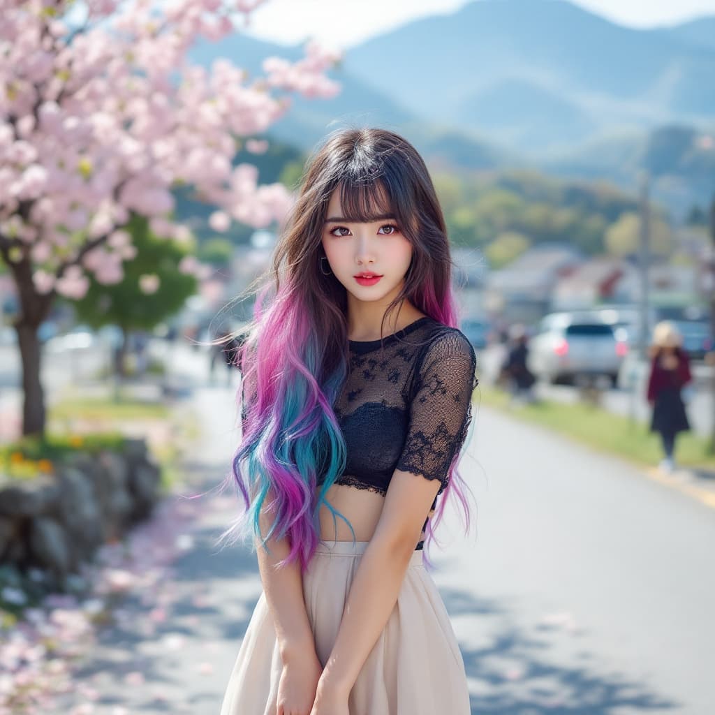 AI generated: A person, korean ulzzang face, Seoul girl, long hair, bangs, multi color hair, wearing latex skirt, ...