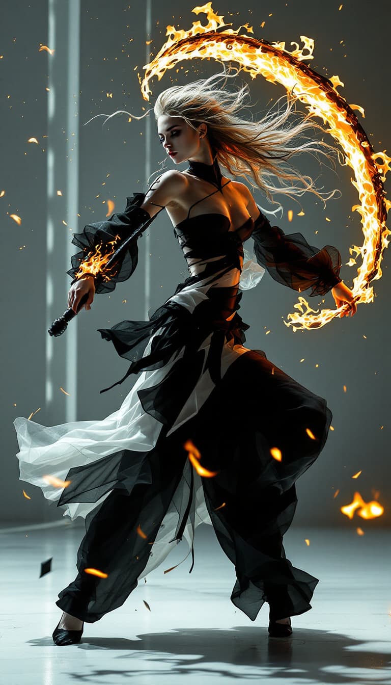 AI generated: Avant-Garde Dancer of the Shifting Flame: An ultra-realistic, full-body action shot of a mesmerizing...