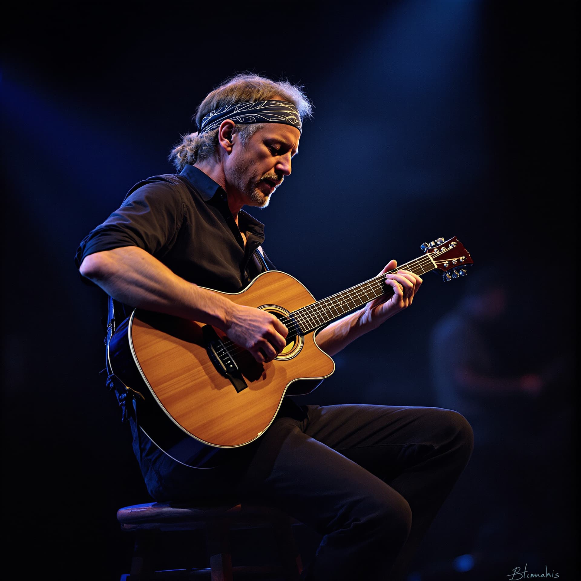 AI generated: Mark Knopfler performing live on stage in the 1980s, sitting on a wooden stool, wearing a headband, ...