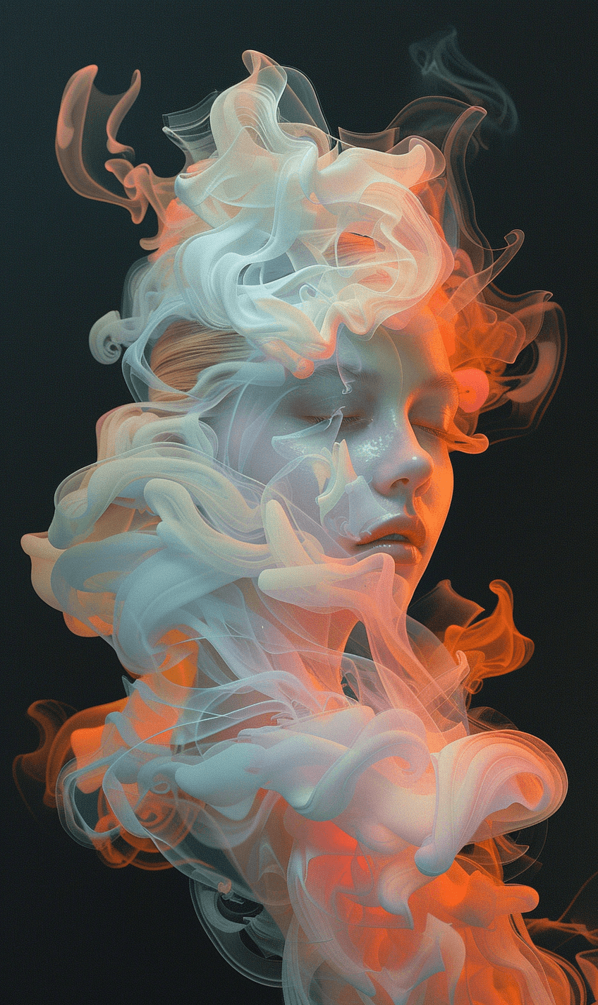 AI generated: A beautiful woman made of smoke, in pastel colors, glowing and ethereal, on a black background, digi...