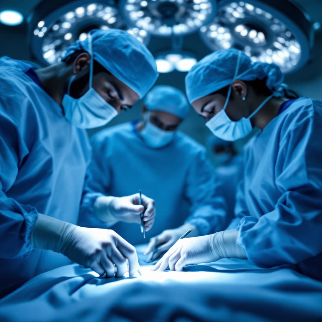 AI generated: `/imagine prompt: Surgical team in high-tech operating room, focus on hands:

South Asian surgeon's ...