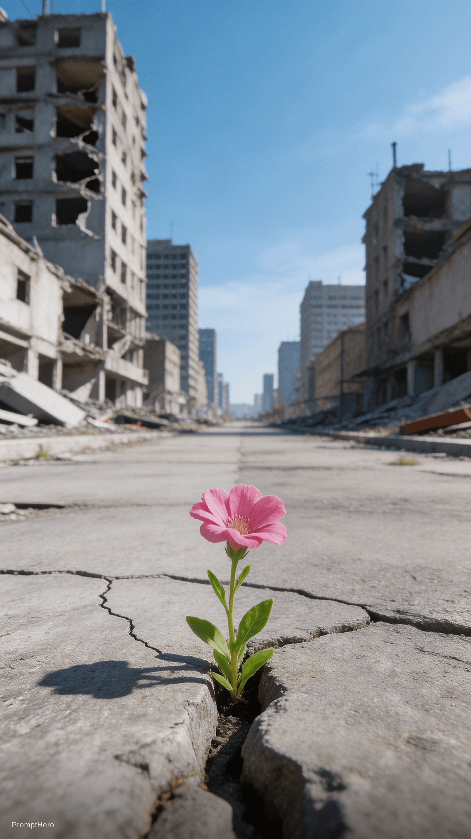 AI generated: urban, ruins, clear skies, single flower, contrast, lonely