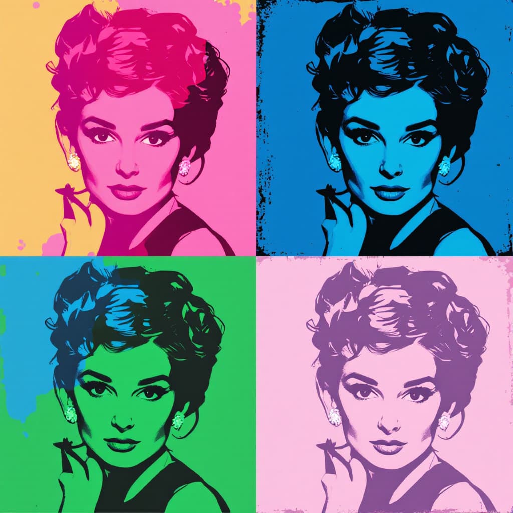 AI generated: Audrey Hepburn, in the style of Andy Warhol, simple background, pink, green, blue, and black colors ...