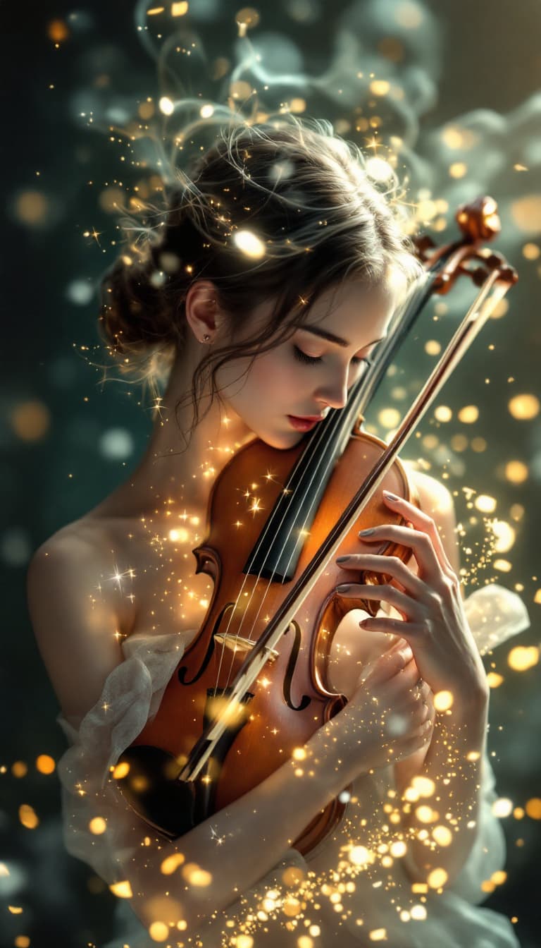 AI generated: An ultra-realistic photograph of a surreal fusion of human and instrument: a female violin, photogra...
