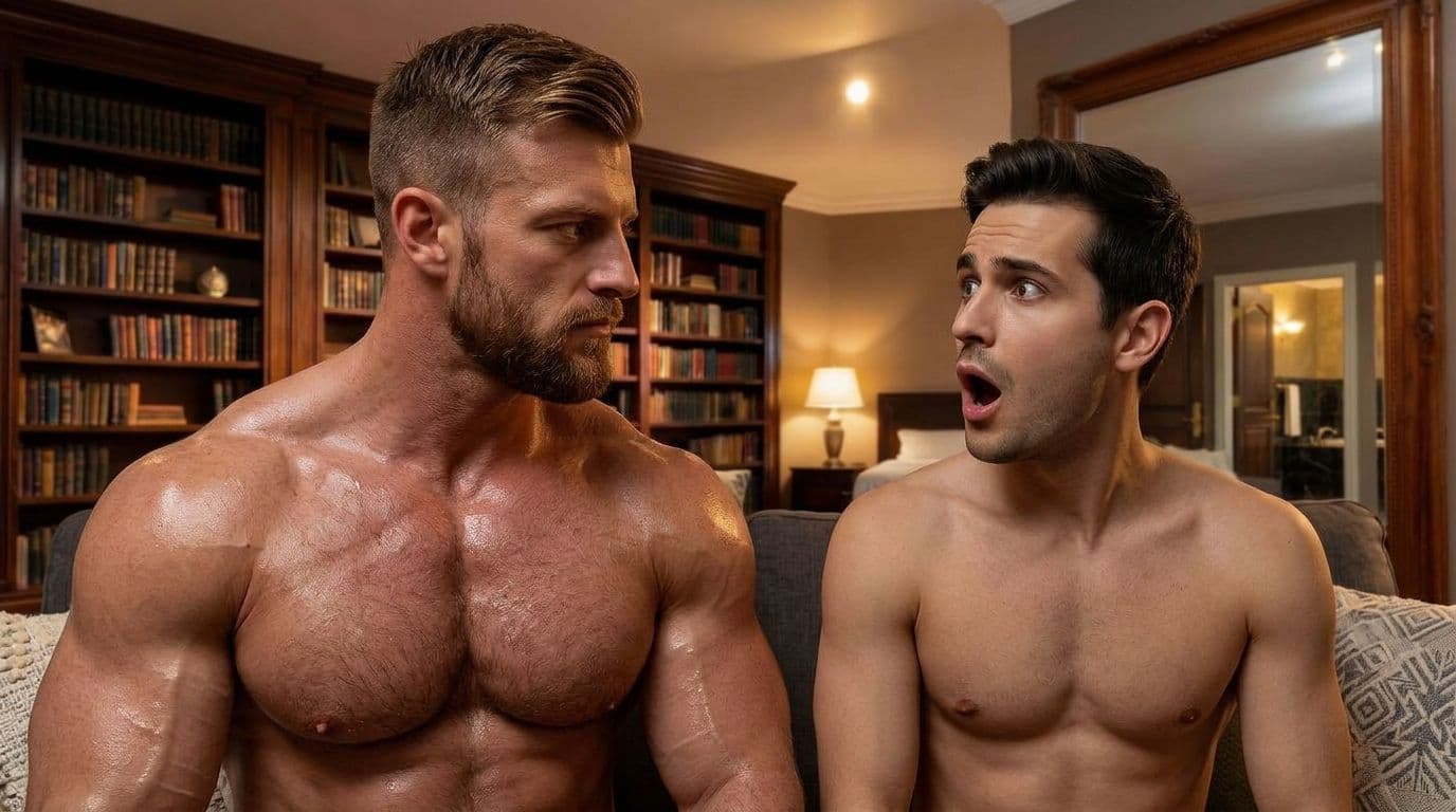 AI generated: The scene is on the couch in the bedroom.
The bodybuilder is shirtless. 

The  bodybuilder has huge ...