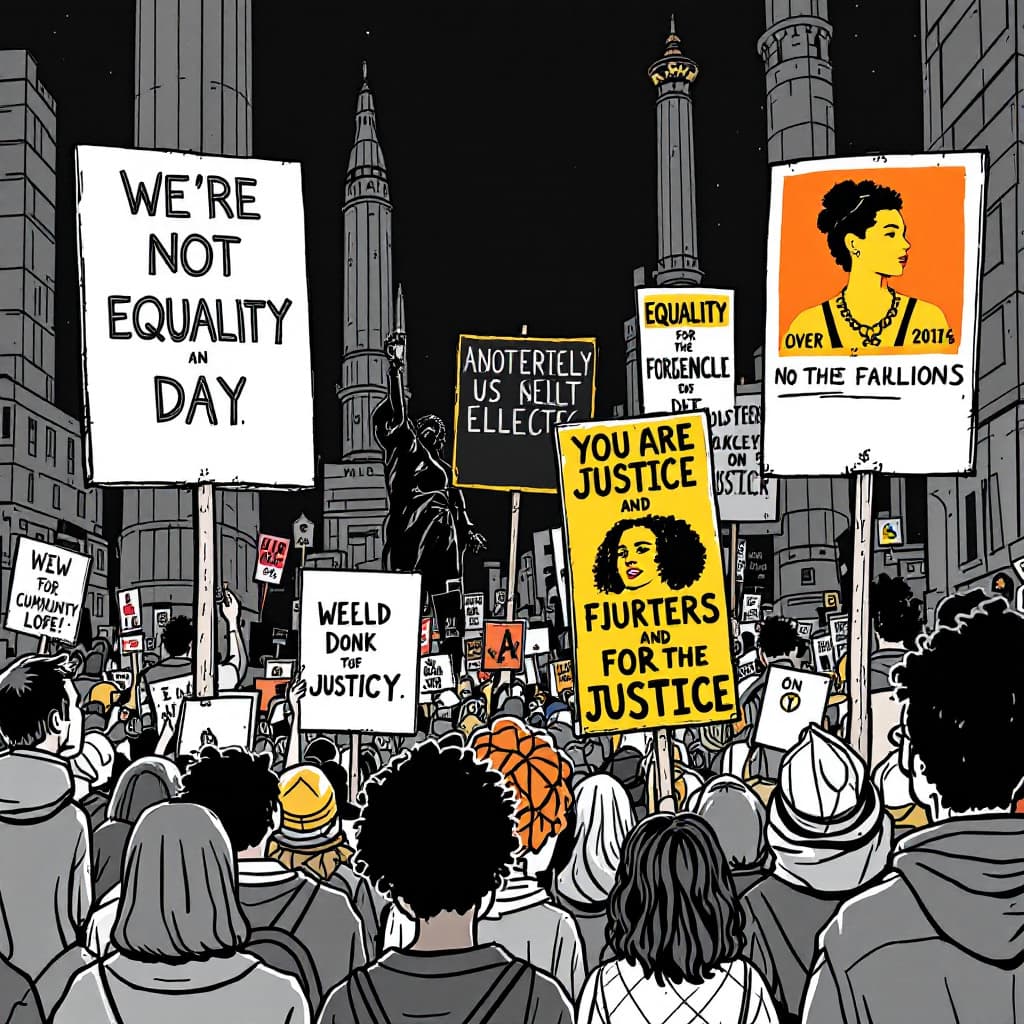 AI generated: list 2 linework illustration of a community rally with people holding 6 big posters advocating for e...