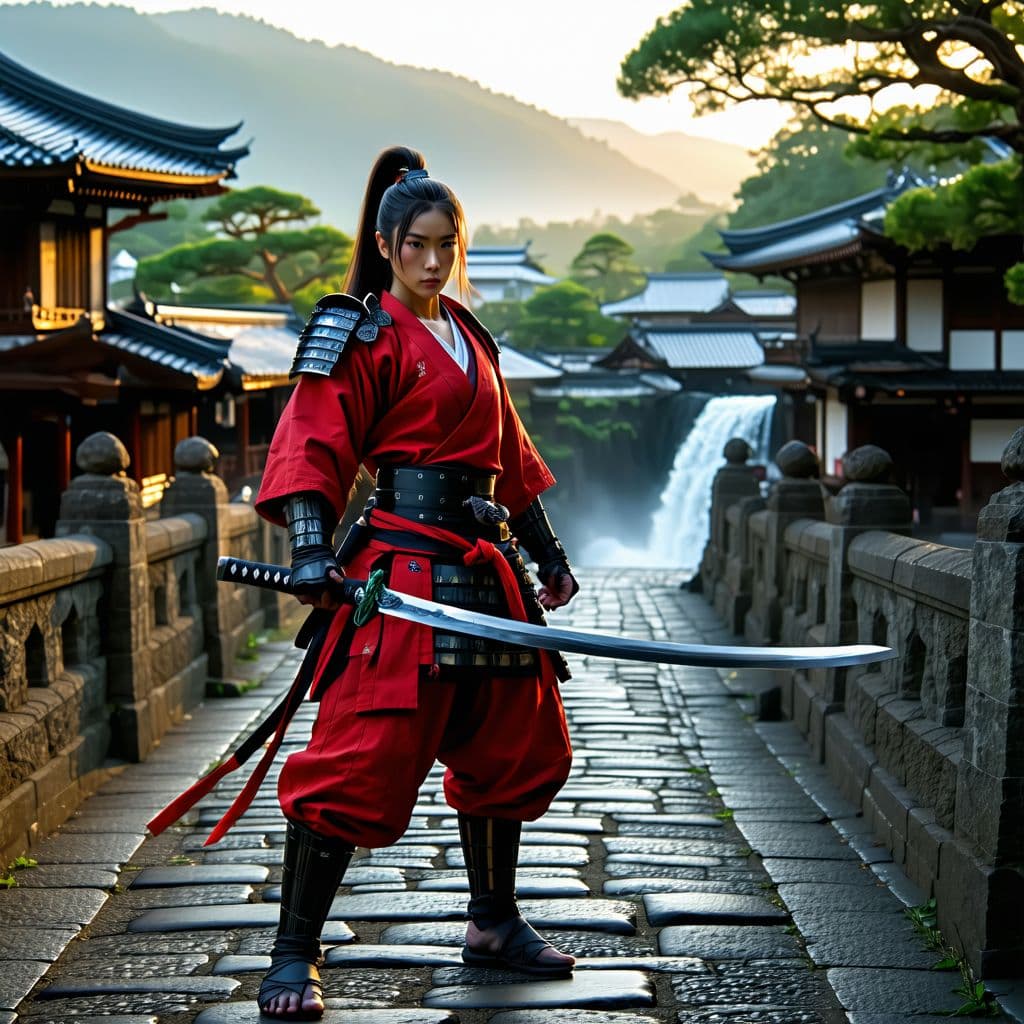 AI generated: Japanese female Samurai. She is massive muscular female heavy weight bodybuilder with a chiseled phy...