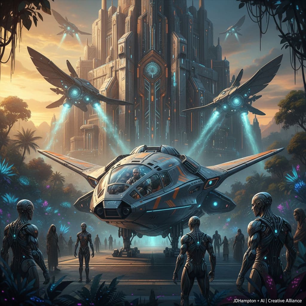 AI generated: 
Futuristic epic adventure, tartaria building in the background with mythological ancient flying sp...
