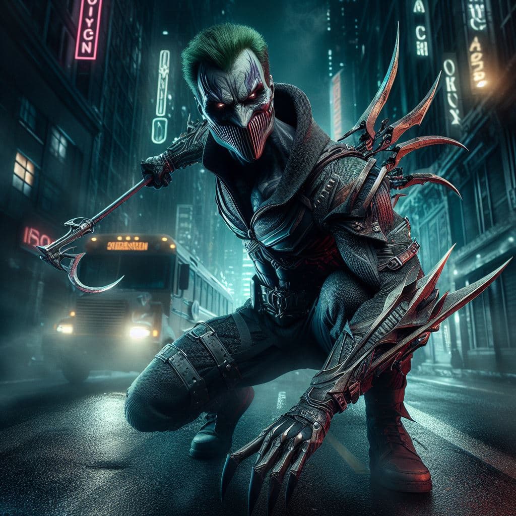 AI generated: Capture Crime City Nightmare Shaco in a hyper-realistic photograph set amidst a dark and gritty urba...