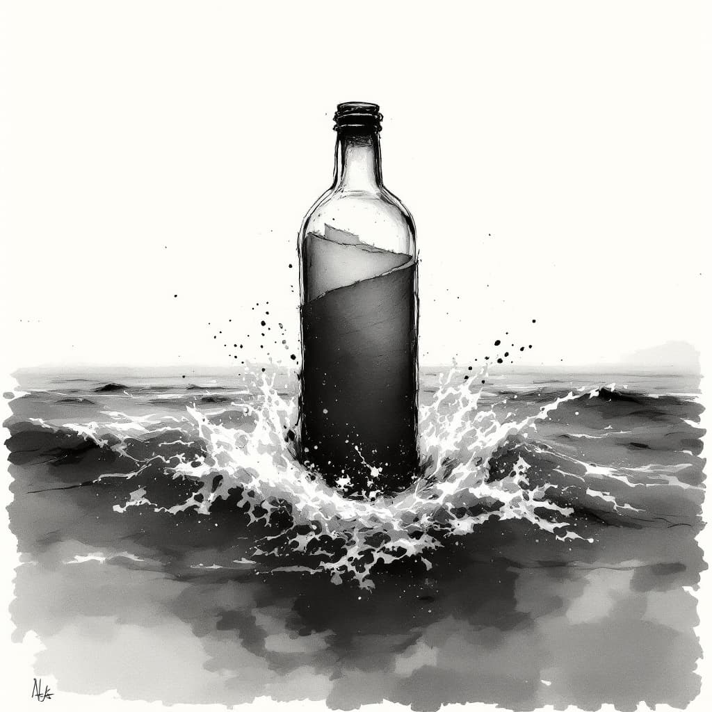 AI generated: an artistic Wet ink, charcoal sketch of a roll of paper inside a half submerged vertically tilted bo...