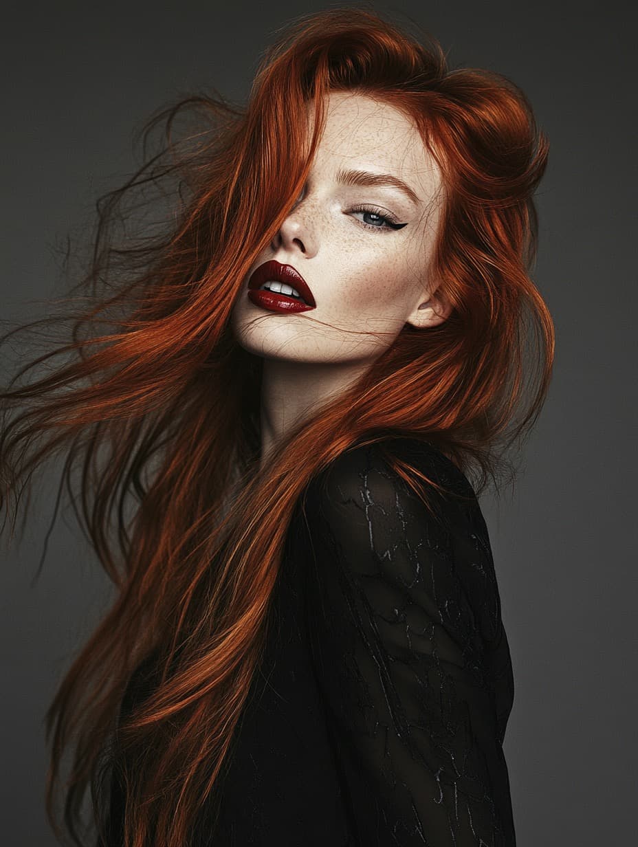 AI generated:  high-fashion editorial portrait of a woman with long red hair, in the style of modern fashion photo...