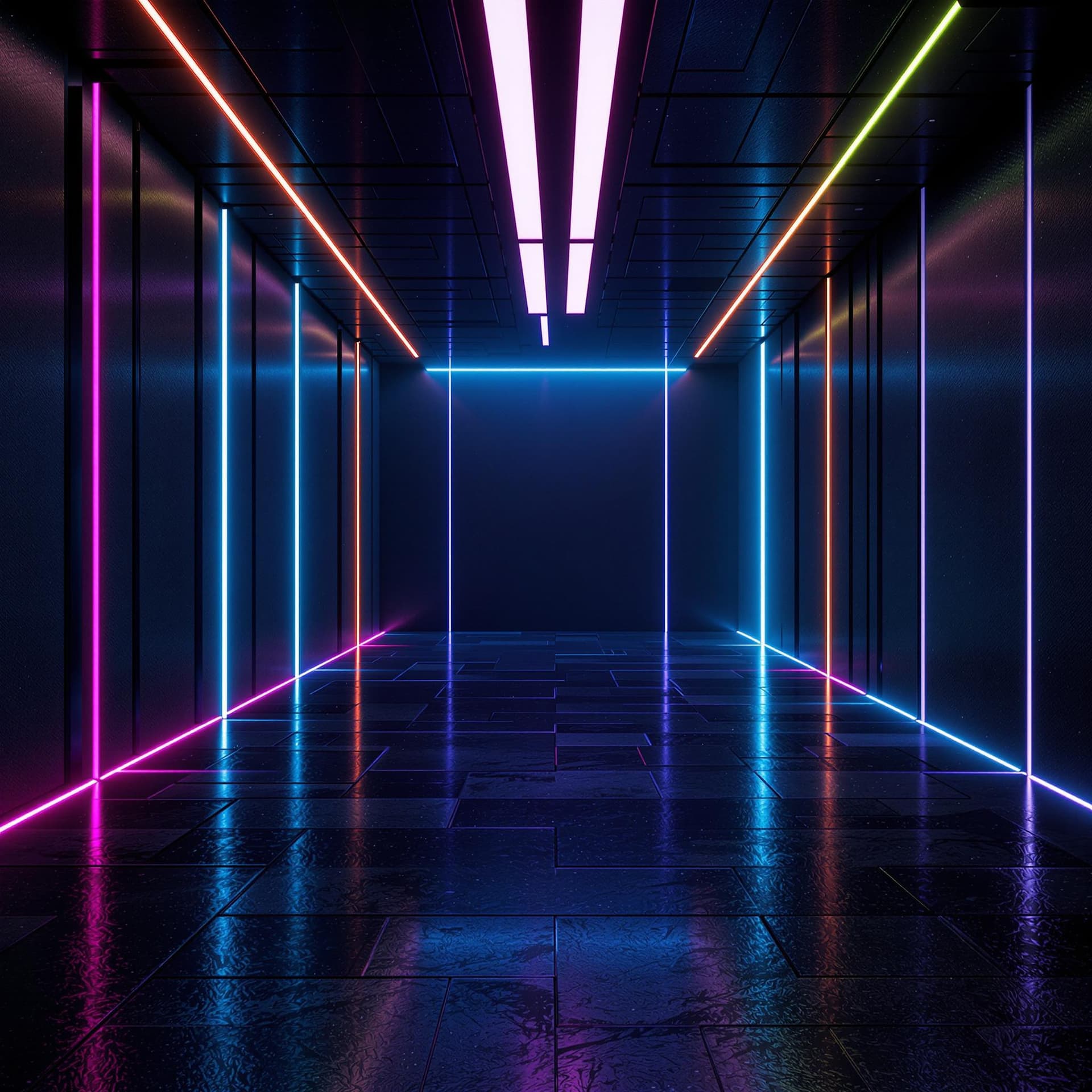 AI generated: High resolution interior design, dark abstract empty room with neon highlights and vibrant colors. c...