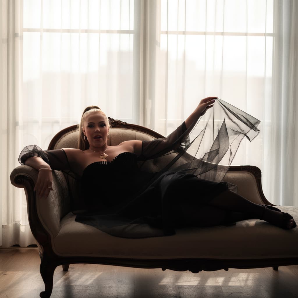 AI generated: 
1. Capture a soft morning glow streaming through sheer curtains as the subject reclines gracefully ...