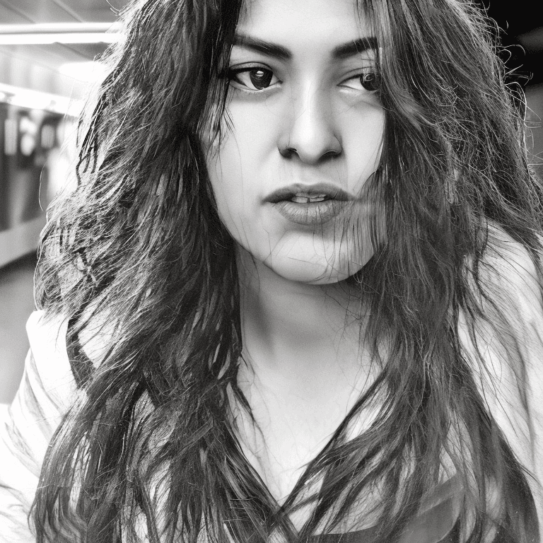 AI generated: a latina woman with long hair in a subway station, in the style of black and white imagery, gritty h...