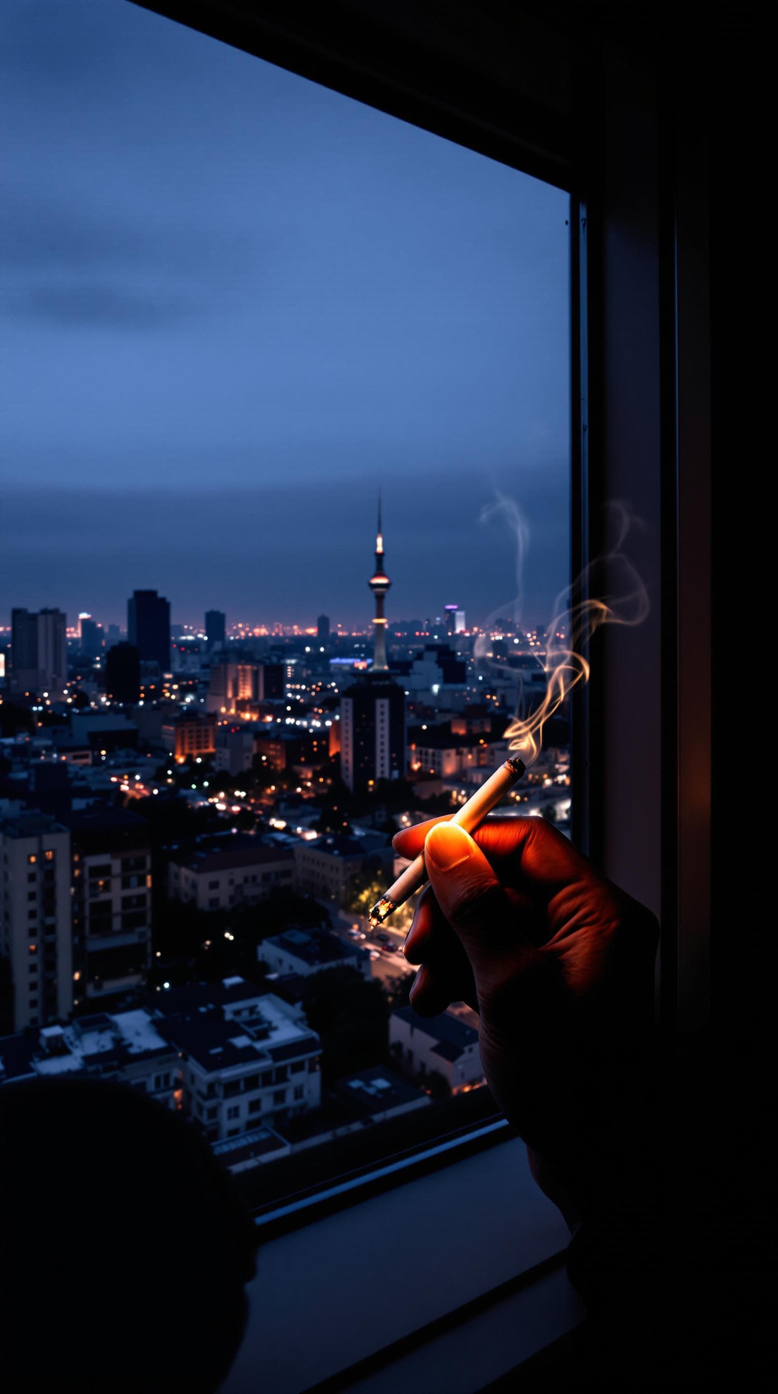 AI generated: POV first-person, i am standing by the window, smoking a cigarette, captured from a first-person per...
