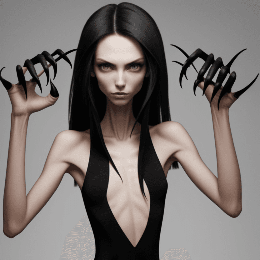 AI generated: photo of face an extremely skinny, flat-chested models with long black curved fingernails, claws,